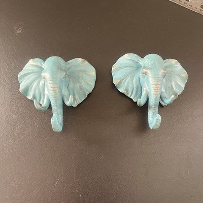 Animal Blue Elephant Hanging Coat Hook Wall Head Key Hanger Modern Decor pair