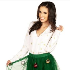 Tipsy Elves White Christmas Cardigan Gold Embroidered Stars Women's Size M NWT