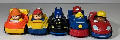 5 Fisher Price Little People Wheelies-Batman, Dump Truck, Locomotive, Tow Truck,