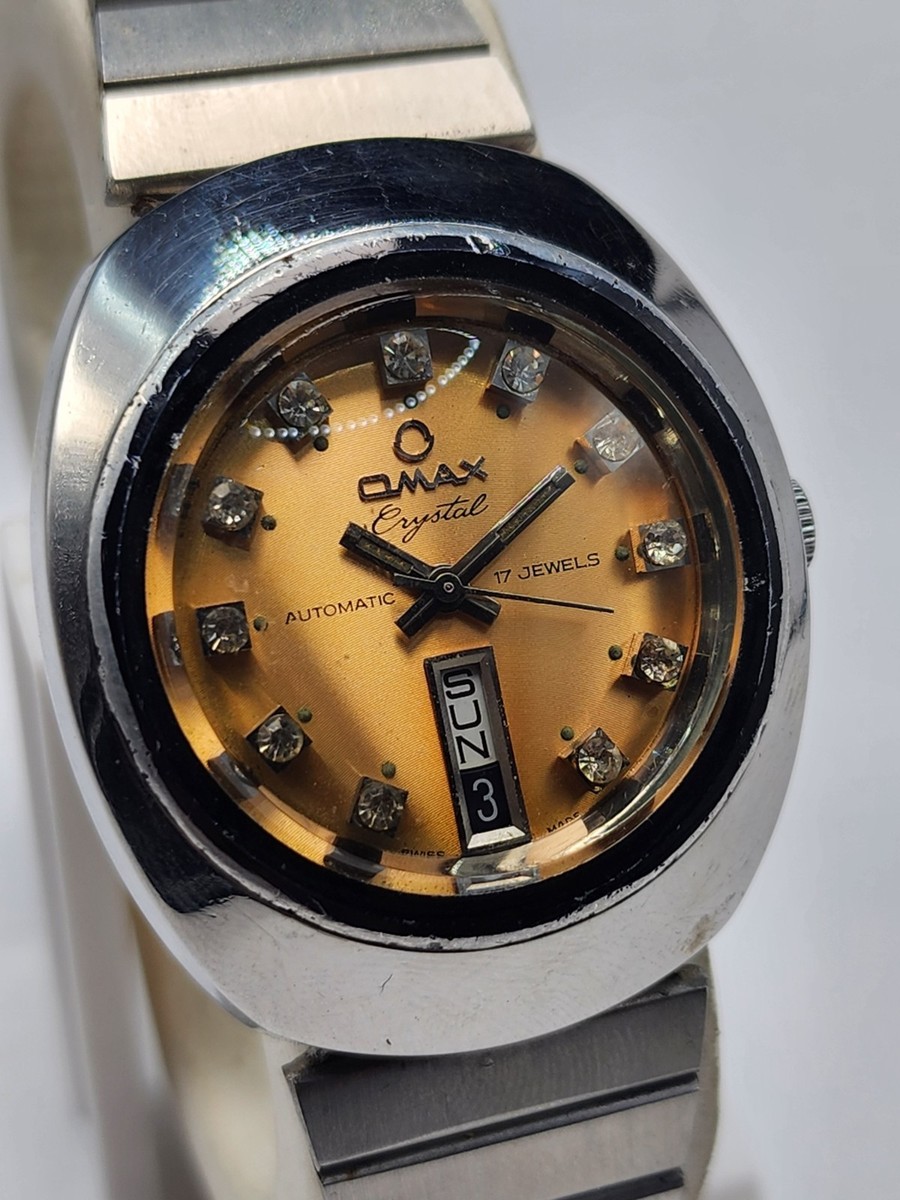 Vintage Watch Omax Crystal 17J Automatic Mens Watch, Golden
