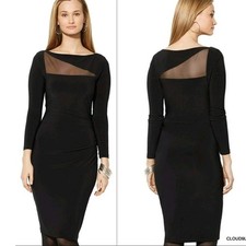 Lauren Ralph Lauren Black Sheer Neckline Ruched Sheath Jersey Dress Size 10