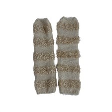 Womens Cream Beige Striped Textured Knit Leg Warmers Fuzzy Popcorn Faux Fur 16in