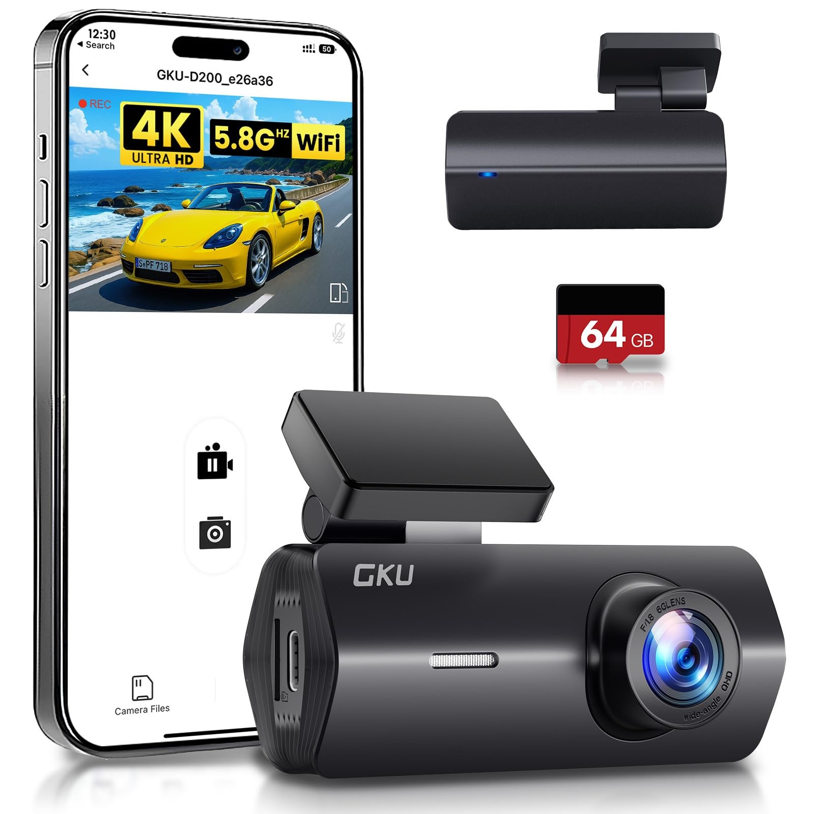 GKU 4K Dash Cam,Dash Cam Front with UHD 2160P, 5.8GHz WiFi DashCam,24H Black