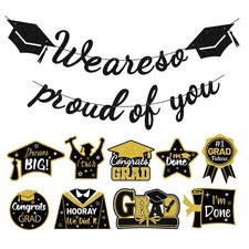 Class of 2026 Graduation Decorations Kit Black Gold Glitter Banner  Cutouts Set