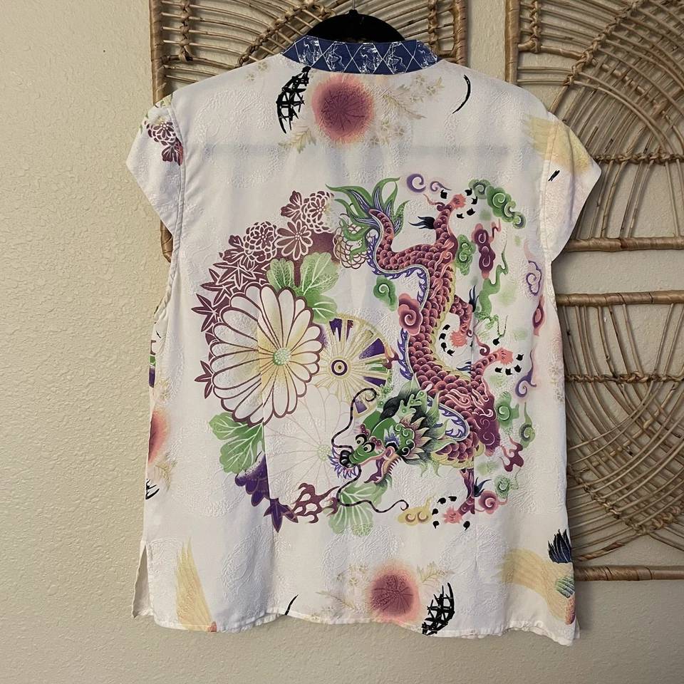 Blusa Citron Santa Monica Seda Asiática Top Guindaste Dragão Artístico Feminina Tamanho XL B25 - Imagem 2 de 4