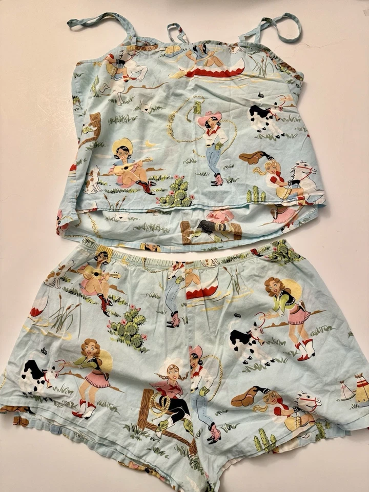 Conjunto de pijama vintage Nick & Nora vaqueras cami con pantalones cortos de algodón talla XL Foto 3 de 4