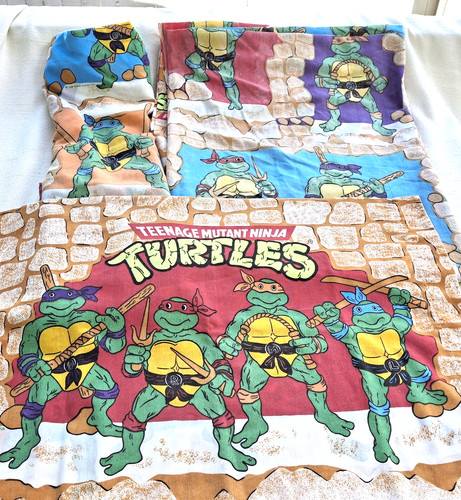 1988 Teenage Mutant Ninja Turtles TMNT Twin Sheet Set~Fitted/Flat/ 1 Pillow Case