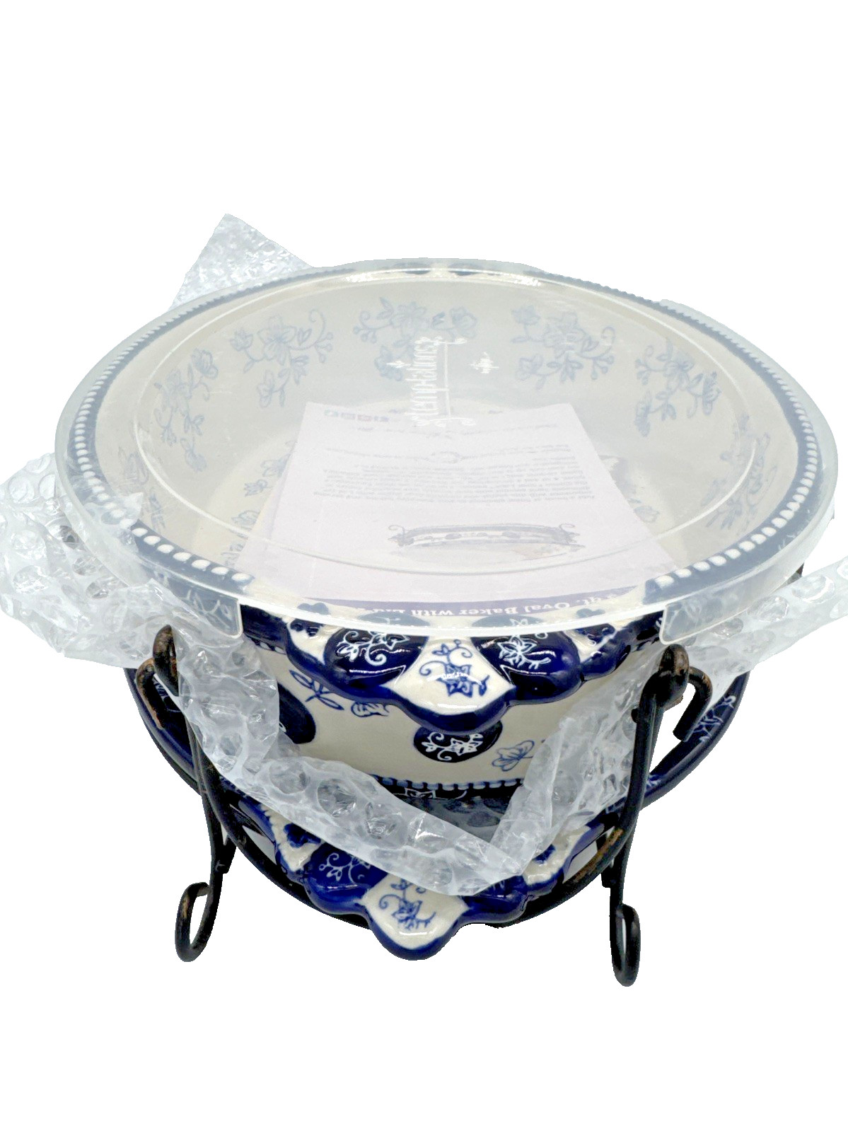 Temp-Tations Floral Lace Blue Oval Baker w/ Lid & Wire Rack 3Qt Set NEW