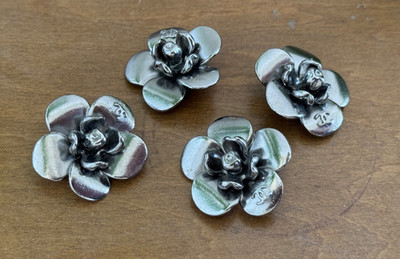 Vtg Chanel Camellia Flower Button Set Of 4 Metal Prong Stamped for Heel Shoes