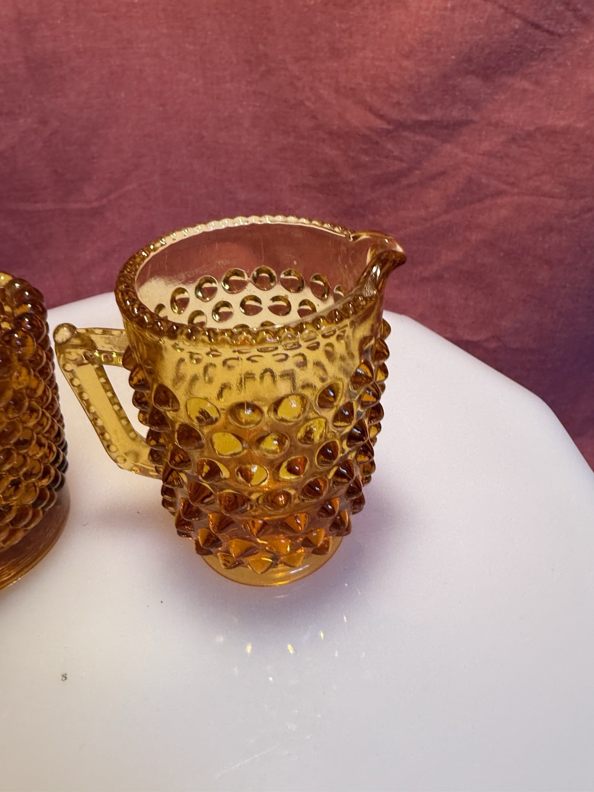 Fenton Amber Glass Hobnail Small Pitcher And Cup