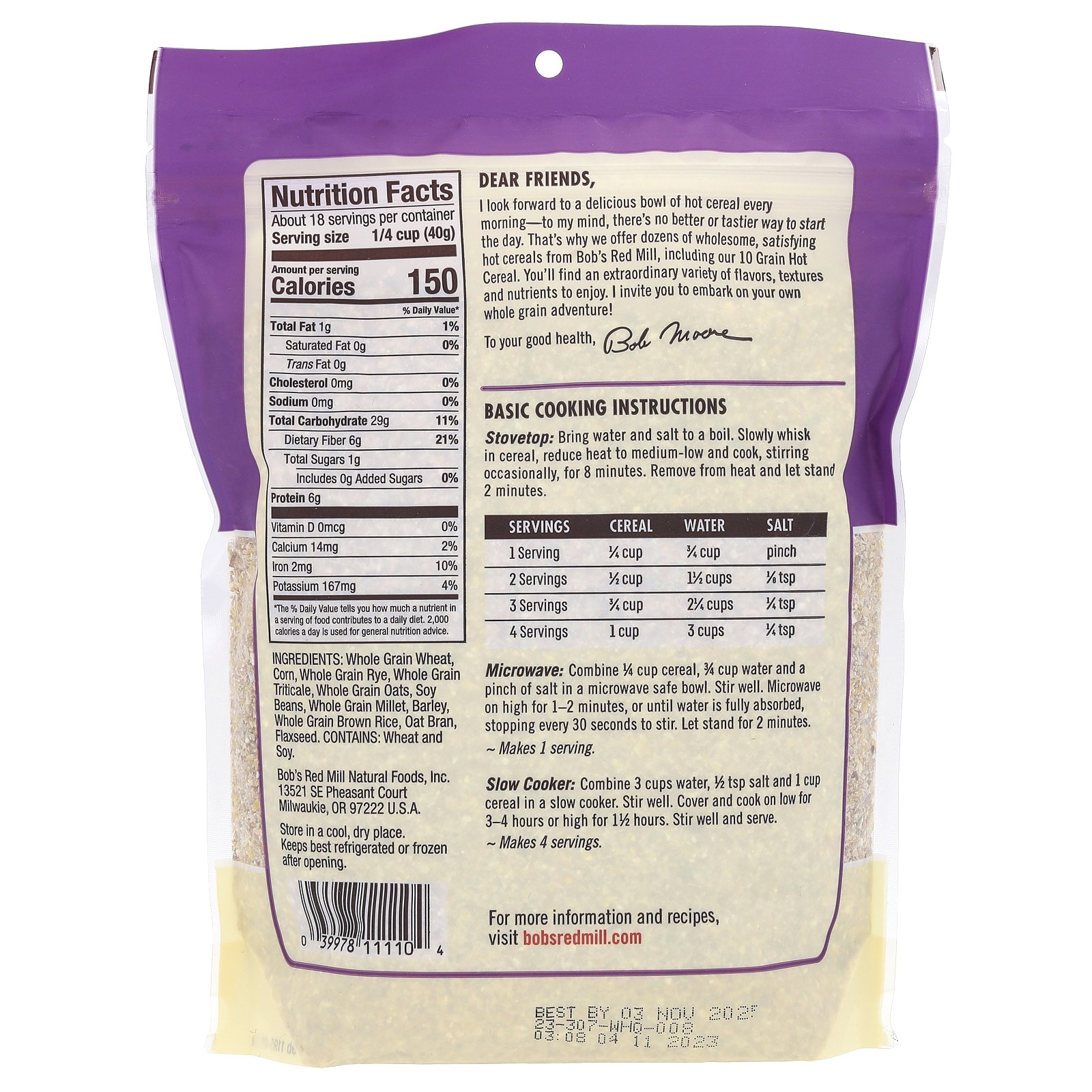 10 Grain Hot Cereal, Whole Grain, 25 oz (709 g)