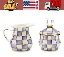 MacKenzie- Childs Violet Check Enamel Creamer 14-oz & Sugar 10-oz Set, Stock US