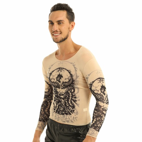 Mens Long Sleeve Mesh See Through T-shirt Fake Tattoo Blouse Shirt Party Fancy - Picture 15 of 56