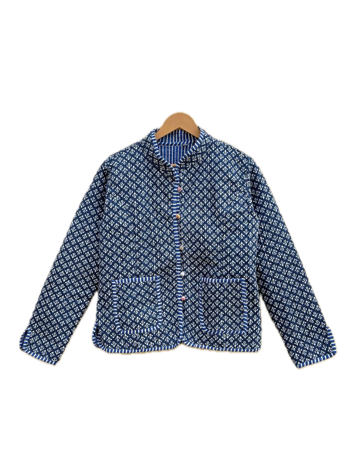 Indian Blue Handblock Floral Cotton Quilted Unisex Jacket Womens Clothing Jacket