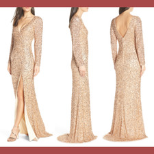 NWT 398 Mac Duggal size 10  Two Sleeve Sequin Slit Dress in Rose Gold G438