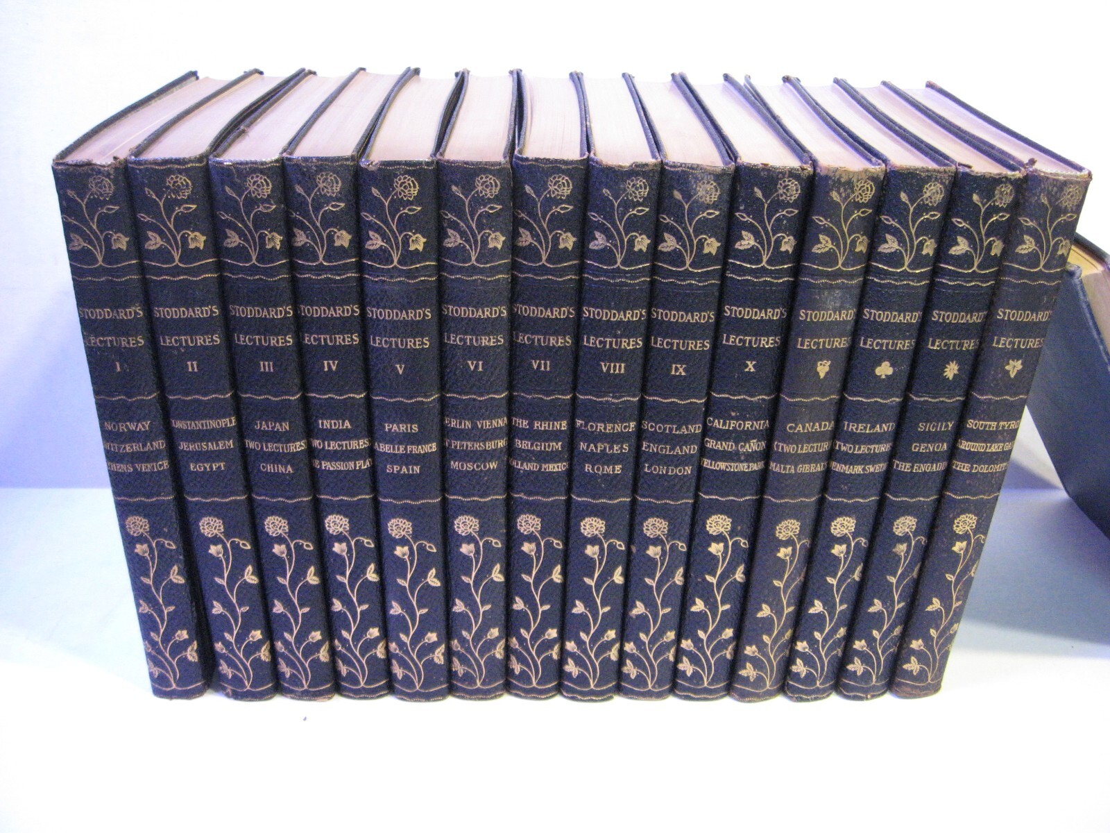 John L Stoddard 10-Volume Gold Leather 1911 Lecture Set with 4 Supplements