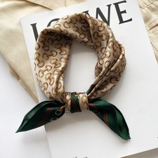 100 Silk Scarf Women Small Bandana Vintage Neckerchief Turban 53cm Green Beige