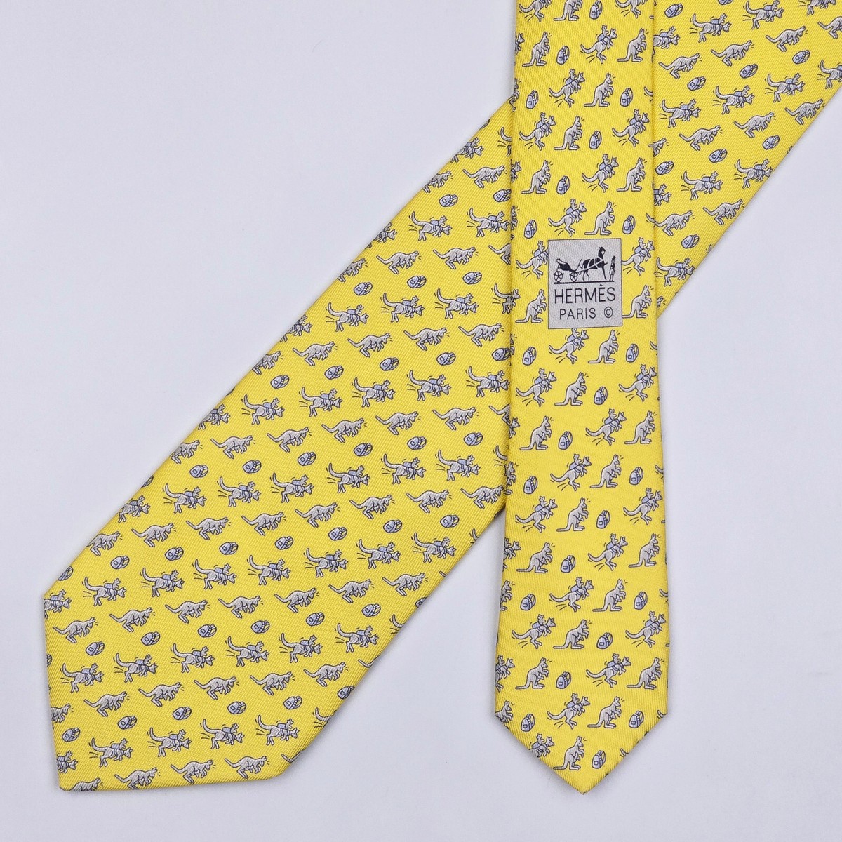 Hermes Tie Silk Necktie 605944 TA Kangaroo & Backpack on Yellow | eBay