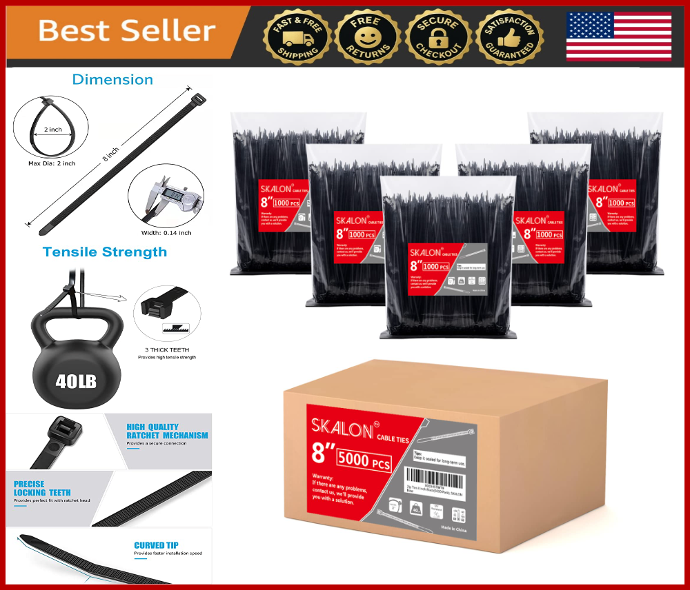 5000-Pack 8-Inch Heavy Duty Black Zip Ties 40lb Strength for Indoor Outdoor Cable Management