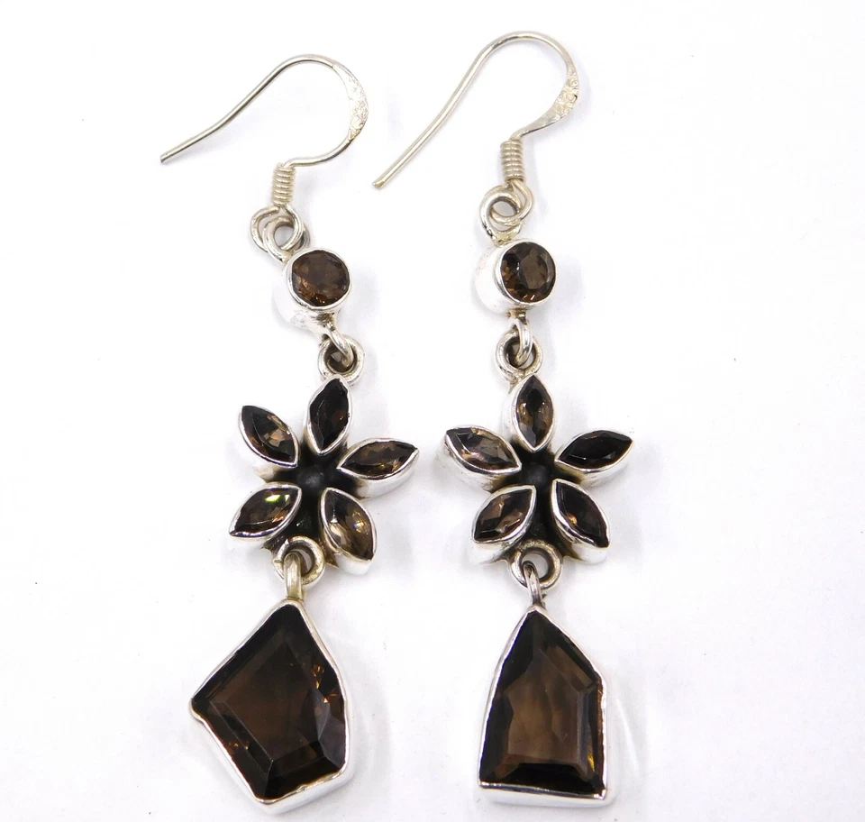 13.2 Gm 925 Sterling Silver Natural Smoky Gemstone Handmade Earring Size 2.5" - Image 2 of 4