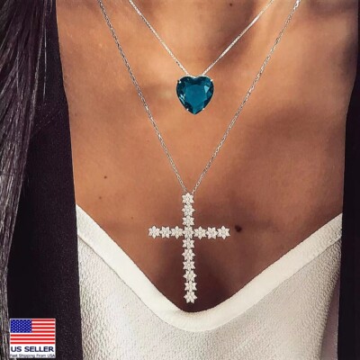 Fashion Women Layered Necklace Creative Crystal Cross Love Heart Pendant 1689