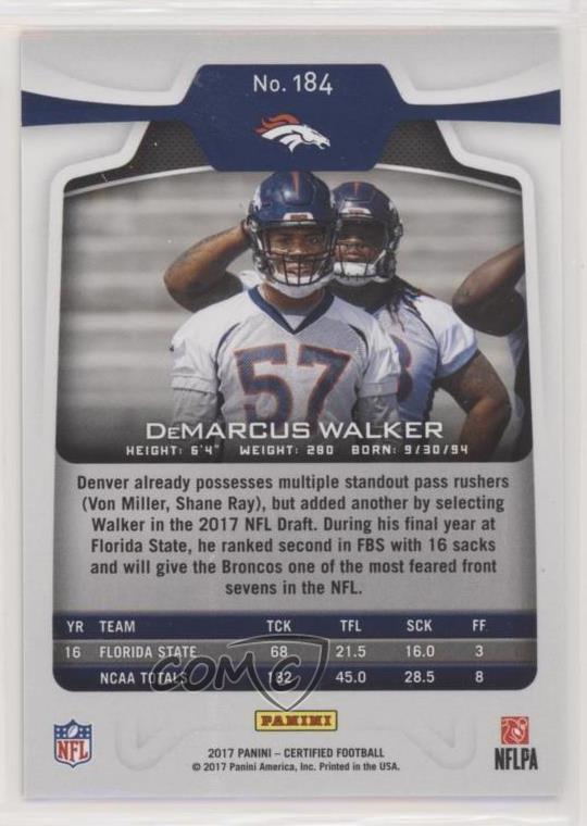 2017 Certified Rookies Mirror Orange /199 DeMarcus Walker 184 Rookie