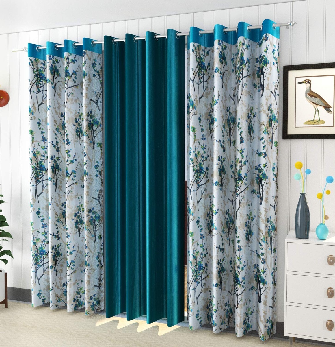 3 Piece Floral Shaded Grommet Ringtop Door Window Curtains