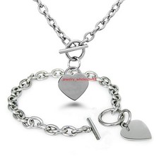 One Set Stainless Steel Lover Heart Tag Necklace Bracelet Oval Chain Matching