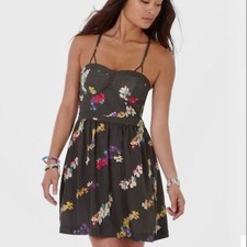 AMERICAN EAGLE Womens Gray Floral Corset Cross Straps Mini Dress 2 Fairy Cottage