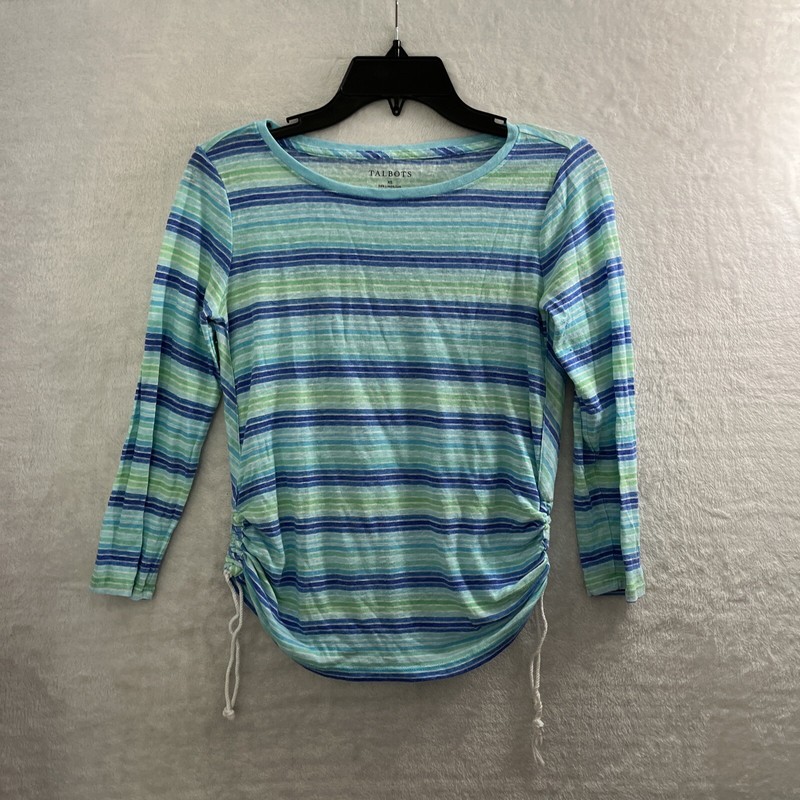Talbots Womans Blouse Top Blue XS Striped Linen Blend Long Sleeve Round Neck
