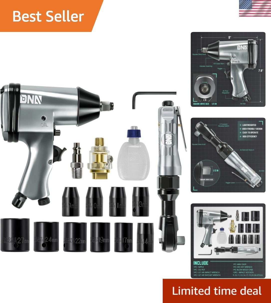 High-Performance Air Tool Kit with 1/2" Ratchet & Impact Wre