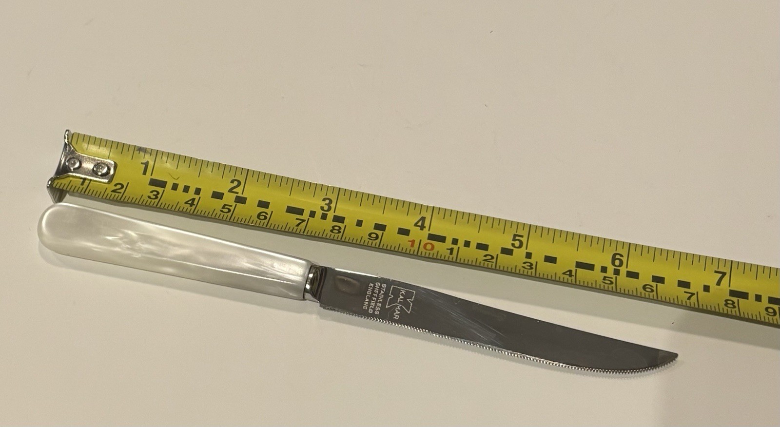 x 11 Vintage KalMar Knives Faux Mother of Pearl Opalescent Handles + Racks As Is