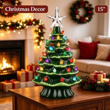 15" Pre-Lit Hand Painted Green Ceramic Christmas Tree Tabletop Decor with Lights