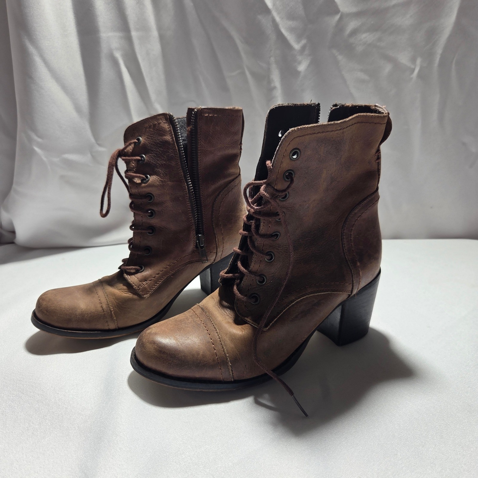 Steve Madden Brown Leather Lace Up Ankle Boots Side Zip Block Heel Cap Toe 7.5