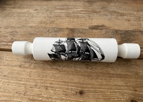 Ceramic Rolling Pin Ship Pattern Maritime Theme Model 20 White Black With Handle