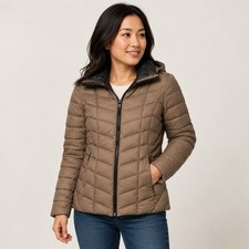 Soia & Kyo Tan Quilted Puffer Hooded Jacket S