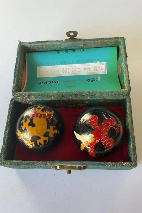 Chinese Baoding Balls Black Rooster Design Green Presentation Box
