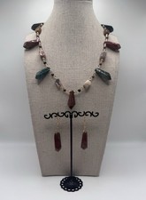 Vintage Gold Tone Natural Stone Necklace Pierced Earrings Set