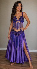 Purple Professional Belly Dance Costume Beaded Fringe Bra Belt Skirt Set Sm-Med.