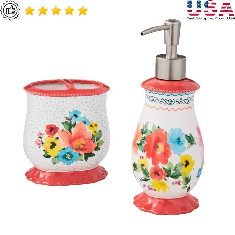 Multicolor 2pc Ceramic Bathroom Set with Soap Dispenser and Toothbrush Holder