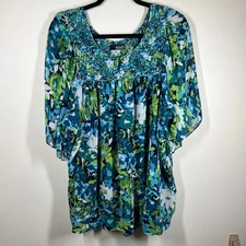 A.N.A. Woman Floral Top Womens 2XL (*See Measurements) Feminine Blue & Green