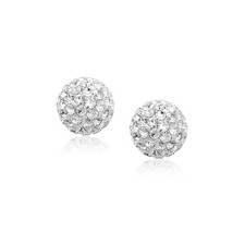 White Tone Crystal Ball Stud Earrings in 14k Yellow Gold 8mm