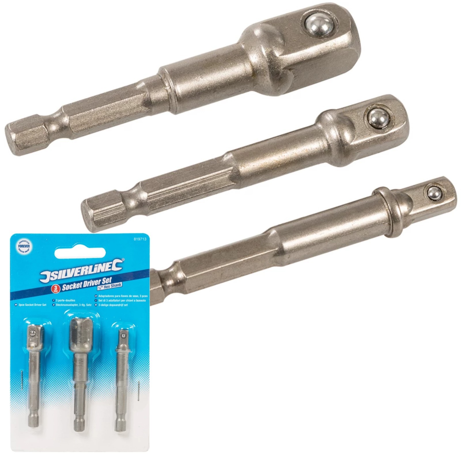 3 Piece Socket Adapter Set Impact Drill Driver Bits Hex Shank To 1/4"" 3/8"" 1/2""