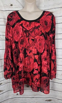 #ad Catherines Red Rose Floral Tunic Top 5X Pleated Beaded Bishop Sleeve $17.49
