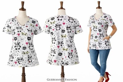 Scrubstar Women's  Multicolor Cartoon l Print Cotton Scrub Top Large Nurse Kawai