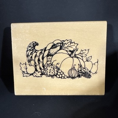 CORNUCOPIA CORN GRAPES FALL HARVEST Autumn wood RUBBER STAMP ANITAS Vintage NOS
