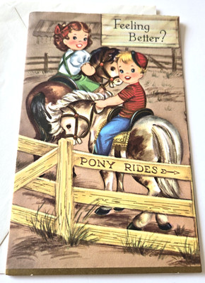 Vintage Greeting Card Get Well Cute Kids on Pony Ride at the Carnival with Clown