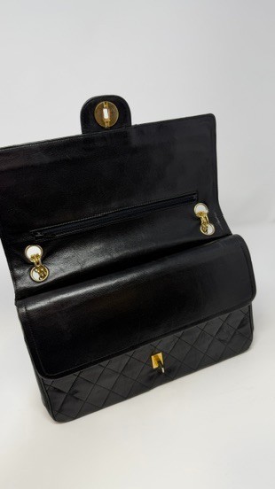 Rare Vintage Chanel Black Lambskin Medium Double Flap 24K Gold HW thumbnail 12
