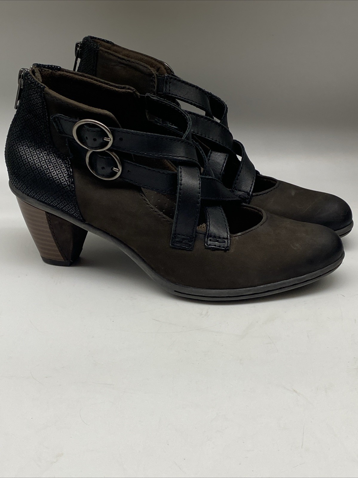 Earth Brown Amber Bark Oil Rubbed Leather Strappy Heels Booties Shoes 7.5 B