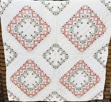 Vintage Handmade Baby Quilt Embroidered Peach Green Nursery Blanket